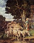 Charles Emile Jacque Canvas Paintings - A Shepherdess with her Flock near a Stream